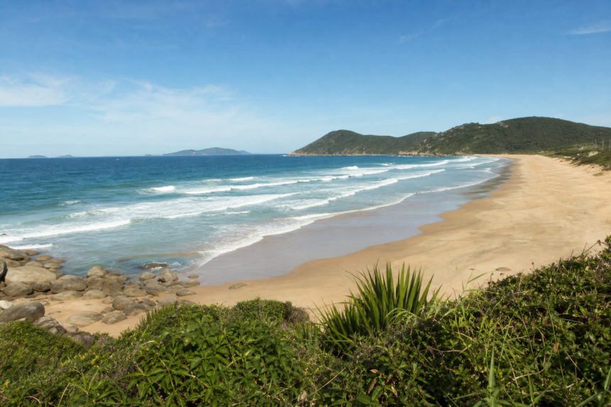 Praia do litoral de Santa Catarina com área de banho, faixa de areia e mar ao fundo