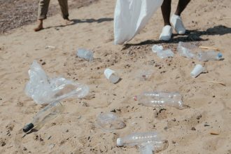 Resíduos plásticos espalhados na areia enquanto pessoas fazem a limpeza de uma praia.