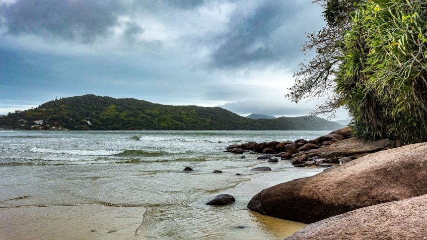 Praia da Enseada, em Ubatuba, com águas calmas, faixa de areia e morros cobertos de vegetação.